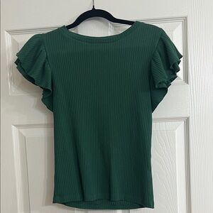LOFT Dark Green Ruffle Sleeve Ribbed Top